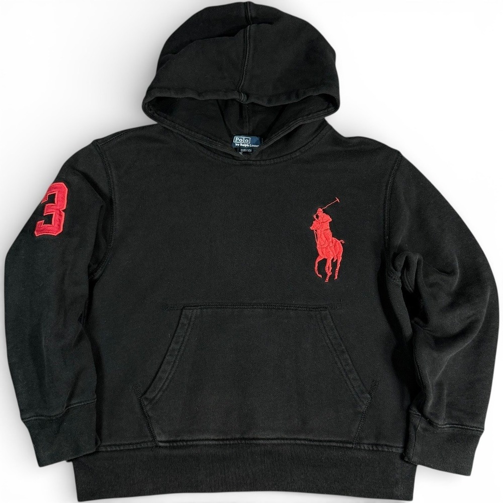 Polo Ralph Lauren Youth S 8/10 Big Pony Hoodie Black Red 3 Patch Preppy Sporty